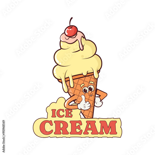 Mascot ice cream logo. A cartoon groovy character showing a gesture of approval - a thumbs up. Isolated on a white background. Retro style. Vector illustration. photo