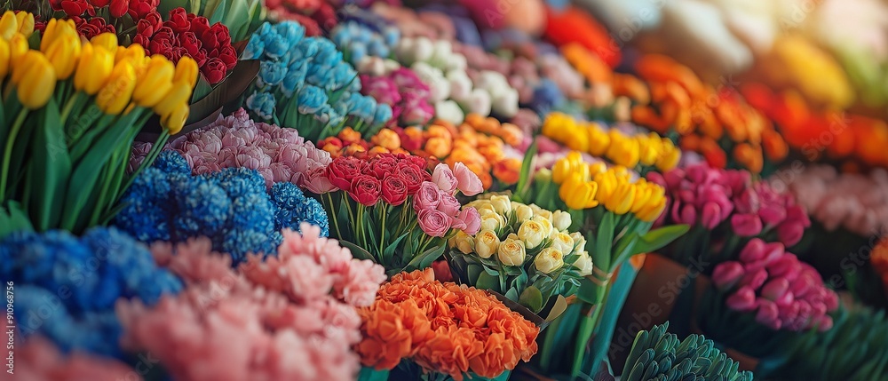 Fototapeta premium A colorful display of various flowers in full bloom at a bustling outdoor market, capturing the lively atmosphere and rich diversity of floral beauty.
