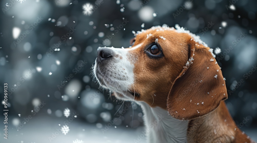 Adorable beagle puppy gazing at falling snowflakes, capturing a peaceful and serene winter moment with a blurred snowy background. Adorable beagle puppy gazing at falling snowflakes, capturing a peaceful and serene winter moment with a blurred snowy background.