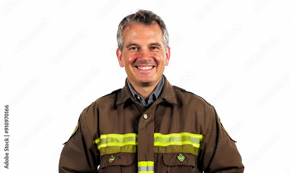 Portrait of a fireman smiling over isolated white background in studio Portrait of a fireman smiling over isolated white background in studio