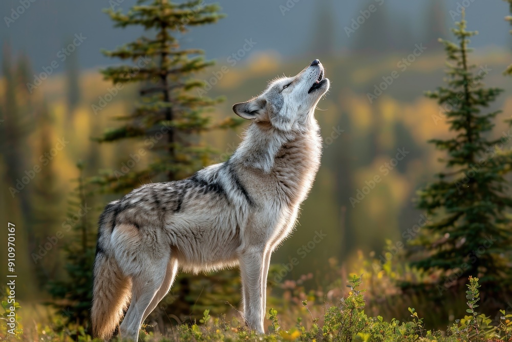 Fototapeta premium A serene image of a grey wolf howling at the moon in a remote wilderness area