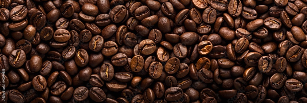 Obraz premium A detailed close-up of roasted coffee beans creating a textured, brown background, showcasing the rich and varying tones of the beans.