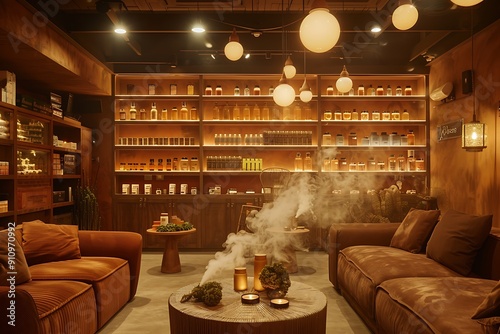 A cozy cannabis lounge, soft lighting, plush furniture, aromatic smoke wafting through the air, shelves of various cannabis products, relaxed and inviting atmosphere, warm tones
