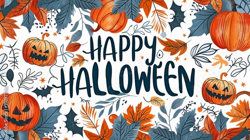 A bright and colorful artwork with a Halloween theme that includes bats, pumpkins, and fall foliage. Perfect for festive decorations and seasonal cards.