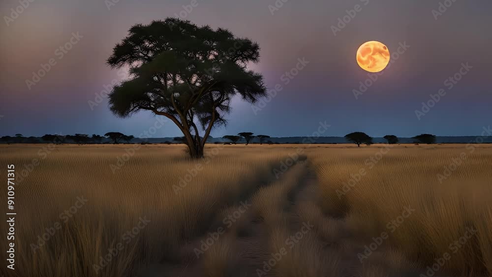 Savanna bathed in mystical moonlight with gently rustling tall grasses
