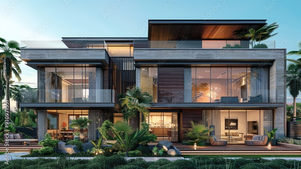 Modern facade with a mix of materials and textures Modern facade with a mix of materials and textures