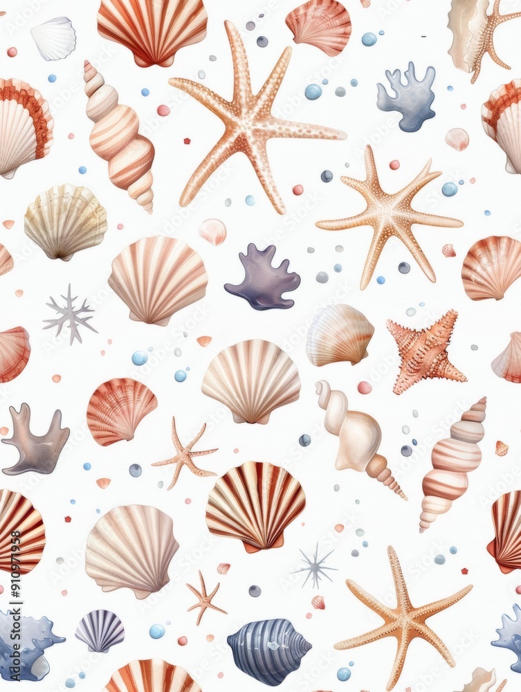 Nautical-themed seamless watercolor pattern featuring seashells and marine elements, capturing the essence of oceanic beauty and coastal charm in vibrant hues. Nautical-themed seamless watercolor pattern featuring seashells and marine elements, capturing the essence of oceanic beauty and coastal charm in vibrant hues.