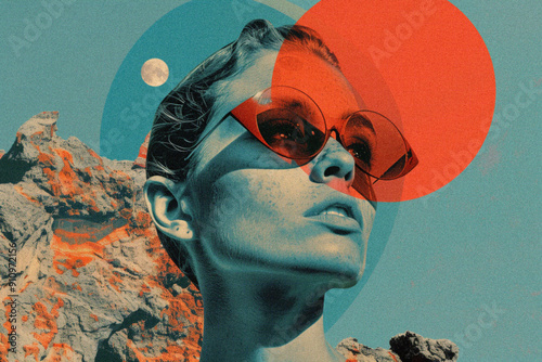 Horizontal Trendy Retro Halftone Collage Art Print with Woman