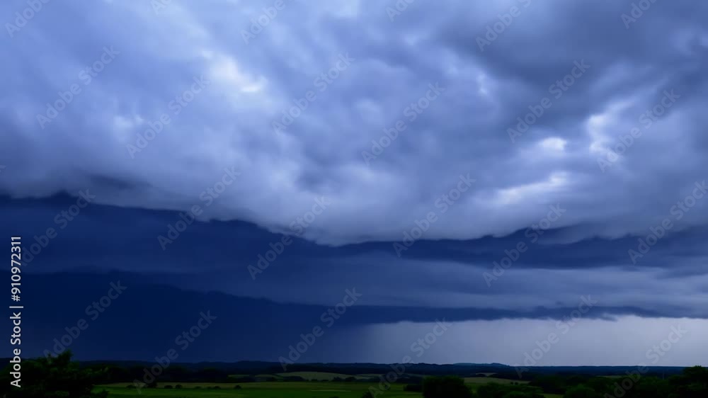 Dark clouds loom over a green field as a storm approaches, casting shadows and signaling impending rain Dark clouds loom over a green field as a storm approaches, casting shadows and signaling impending rain