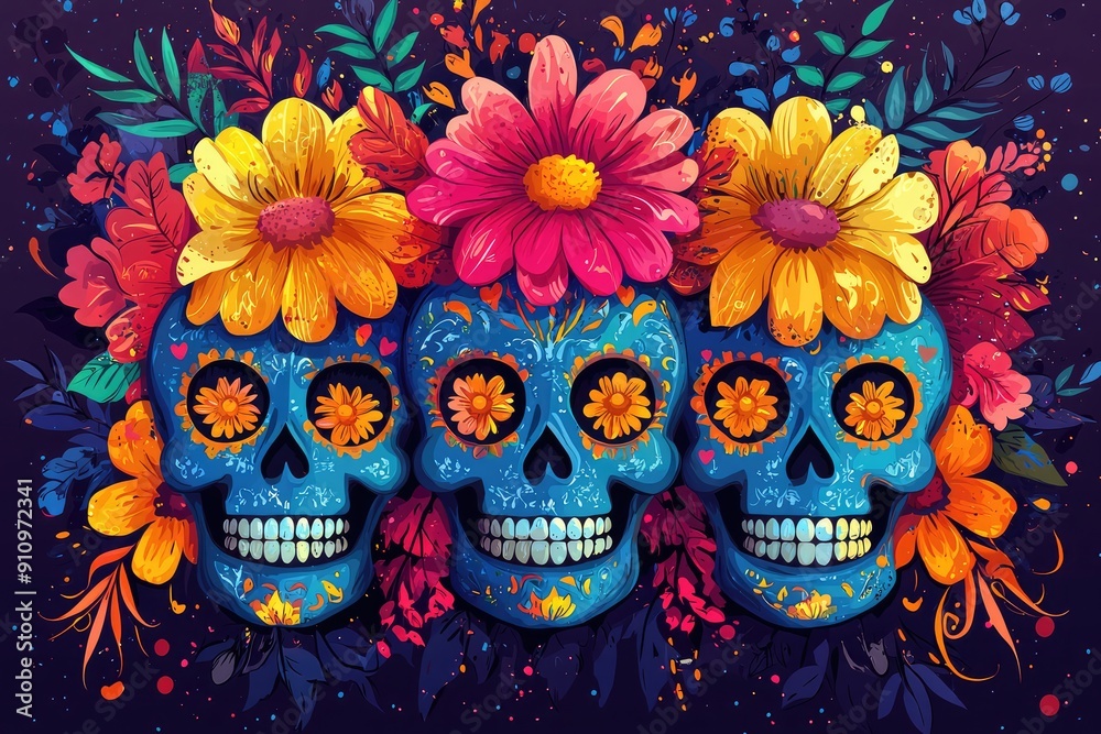 A skull decorated with flowers and music elements