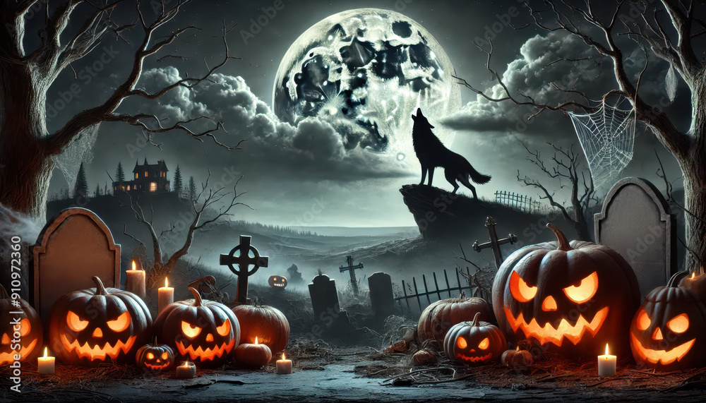 Fototapeta premium Howling Wolf on a Halloween Night : Silhouette of a wolf howling at the full moon with glowing pumpkins and graveyard