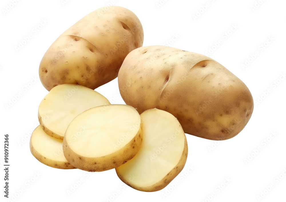 A close-up image of a group of whole and sliced potatoes. The potatoes are fresh and ripe and have a golden brown color. A close-up image of a group of whole and sliced potatoes. The potatoes are fresh and ripe and have a golden brown color.