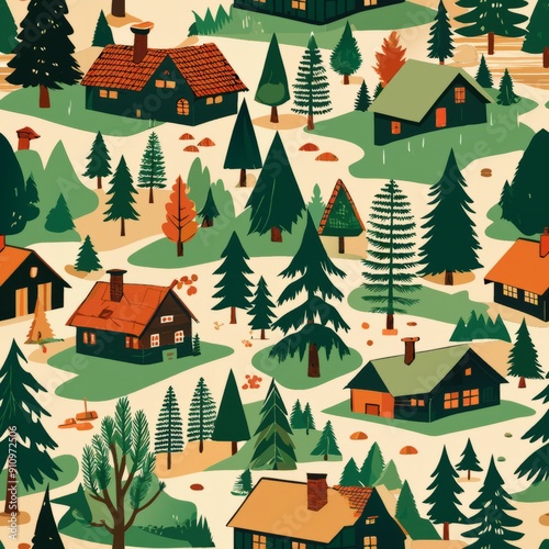 Seamless pattern of rustic cabins and forest trails