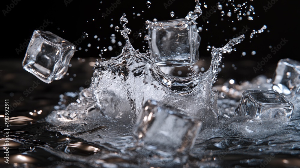 A powerful splash of water with realistic 3D ice cubes, capturing the energetic and dynamic moment of liquid in motion. A powerful splash of water with realistic 3D ice cubes, capturing the energetic and dynamic moment of liquid in motion.