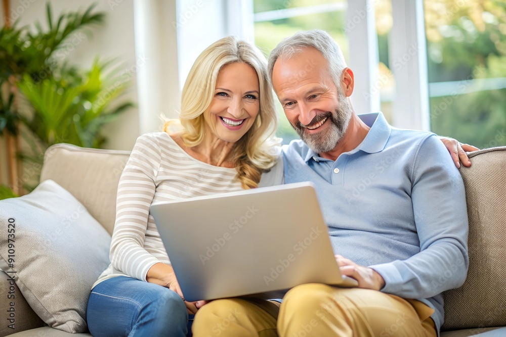 Happy middle aged couple using laptop relaxing on couch at home. Smiling mature man and woman looking at computer watching video, browsing or shopping in ecommerce store sitting on sofa in living room Happy middle aged couple using laptop relaxing on couch at home. Smiling mature man and woman looking at computer watching video, browsing or shopping in ecommerce store sitting on sofa in living room