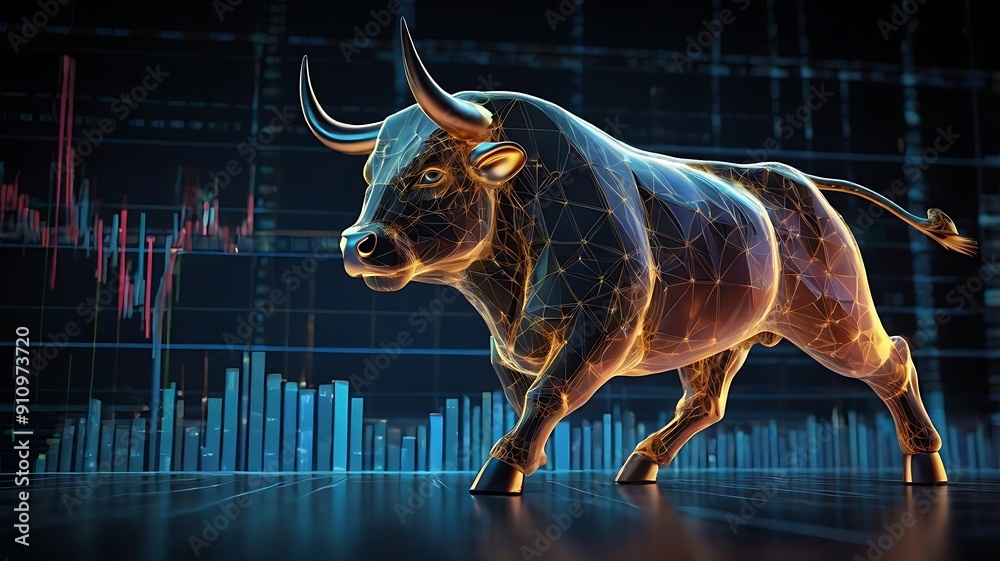 Stock market illustration of bull market, growth in net worth of market in a bullish asset market, trading up worth graph, golden bull on blue background