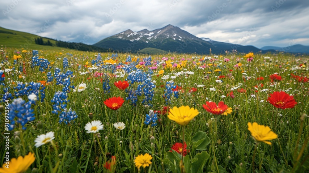 Obraz premium A vibrant field of wildflowers with a mountain backdrop 