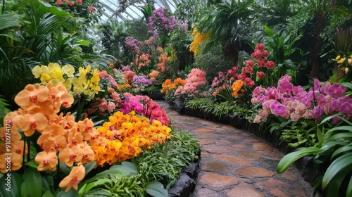 Fototapeta Naklejka Na Ścianę i Meble -  A vibrant orchid garden with various species of orchids in full bloom 