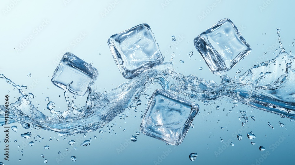 Ice cubes and water splash in dynamic motion, showcasing the beauty and power of liquid in a realistic 3D vector. Perfect for energetic moments.