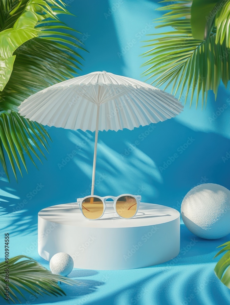 Obraz premium A pair of sunglasses and an umbrella sit on a white platform, ready for use