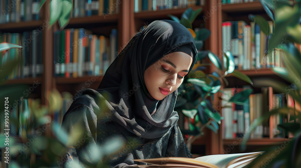 Hijabi girl focused on studying in the library peaceful learning Hijabi girl focused on studying in the library peaceful learning