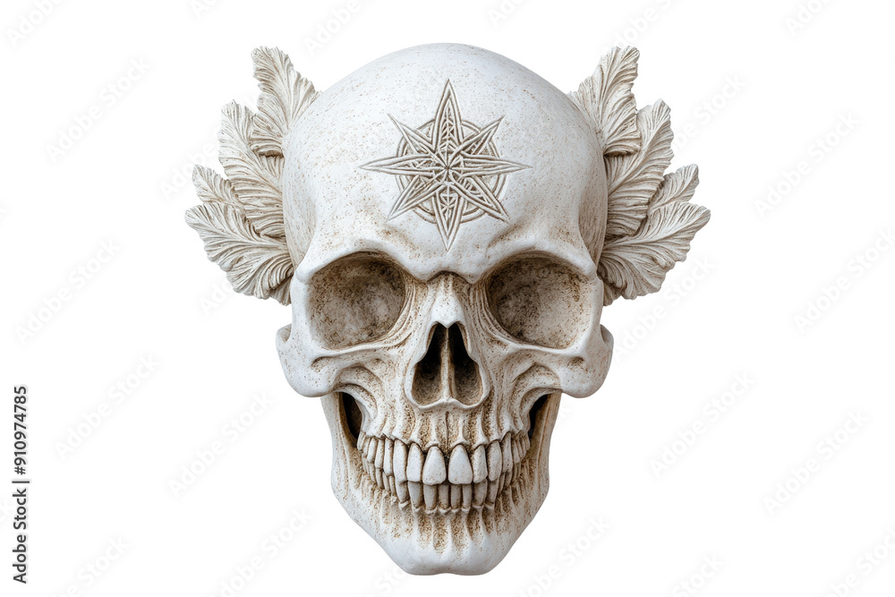 Naklejka premium Intricate skull design featuring ornate leaves and a star pattern, perfect for gothic or decorative themes.