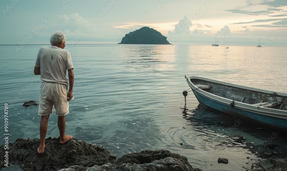 Fototapeta premium A serene scene with a fisherman by a boat looking at the calm sea during early morning with a distant island.