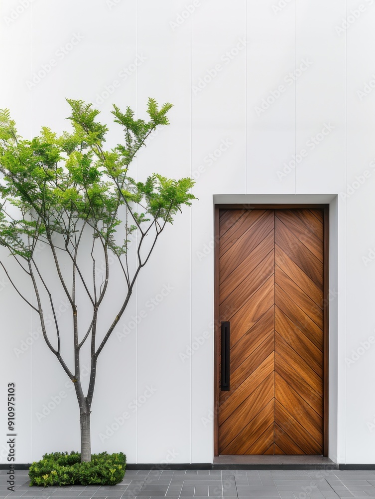Obraz premium Stylish wooden door with herringbone pattern beside a tree, offering a modern touch to minimalist architecture.