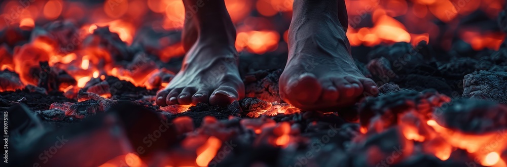 A daring act of walking barefoot on smoldering hot coals, an example of mind-over-matter.