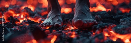 Obraz na płótnie A daring act of walking barefoot on smoldering hot coals, an example of mind-over-matter. w salonie