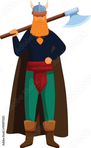 Powerful viking holding an axe on his shoulder, ready for battle