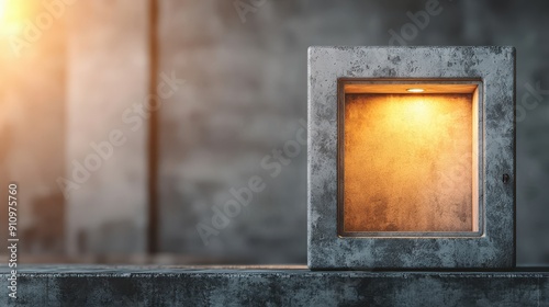 Contemporary concrete lamp emitting warm light against an industrial background, perfect for modern design themes and creative interiors.