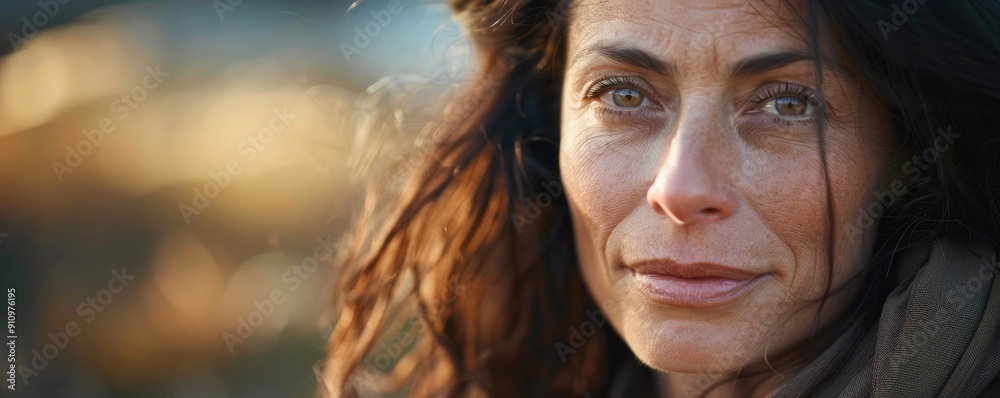 A detailed portrait of an introspective middle-aged woman with striking green eyes and wind-swept hair. A detailed portrait of an introspective middle-aged woman with striking green eyes and wind-swept hair.