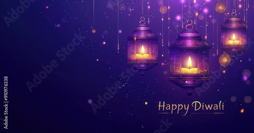 purple Diwali background with hanging lanterns and lights
