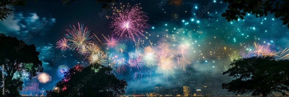 Fototapeta premium Colorful bursts of fireworks fill the night sky, illuminating the cityscape below and reflecting beautifully on the water's surface.