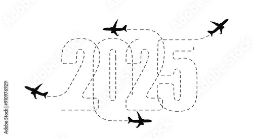 Merry Christmas and New Year concept. The route of the aircraft in 2025. Vector