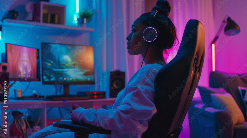 A focused gamer engrossed in gameplay at their desk, wearing headphones in a vibrantly lit gaming room with screens, neon lights, and gaming equipment. A focused gamer engrossed in gameplay at their desk, wearing headphones in a vibrantly lit gaming room with screens, neon lights, and gaming equipment.