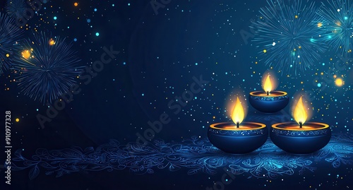 diwali celebration background with blue lights and burning candles photo