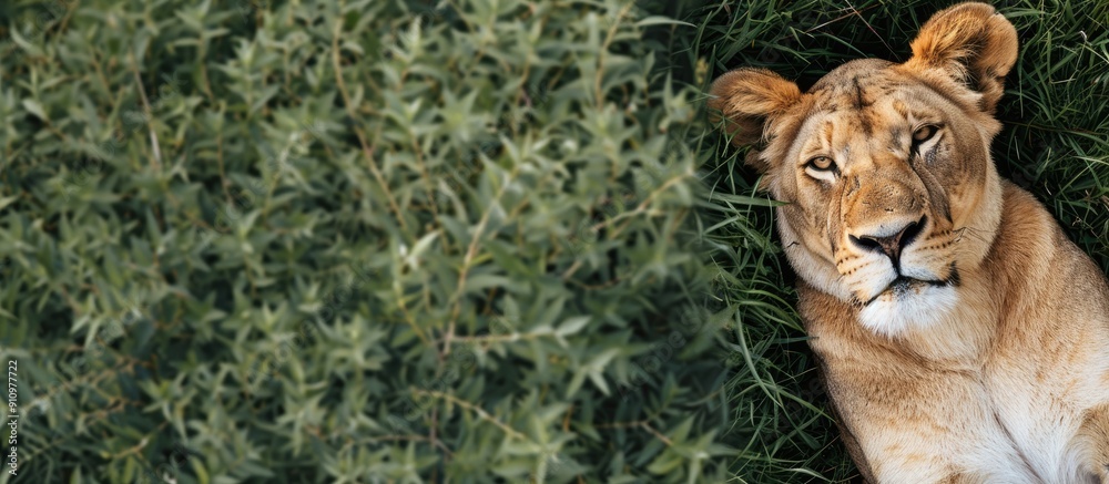 Obraz premium A lioness lying on grass at the zoo captured from an elevated perspective with a copy space image included
