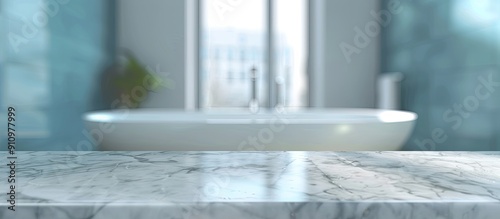 Marble table with unoccupied surface against a blurry bathroom as the copy space image