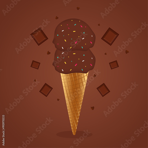 Chocolate cone ice cream with colorful sprinkels, falling chocolates  vector illustration.