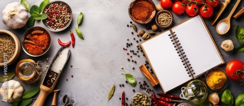 Copy space image with spices and recipe notebook on a grey backdrop