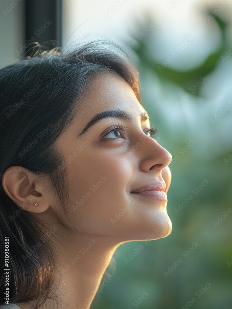 A person looking outside through a window as the sun rises, possibly contemplating the new day