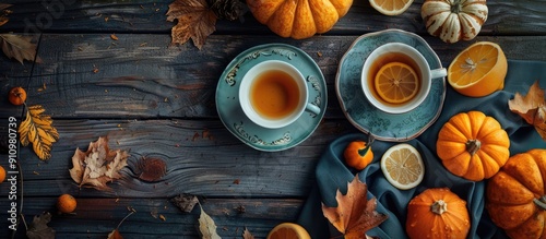 Autumn themed still life with tea lemon pumpkins leaves on dark wooden table embodies fall mood for Thanksgiving and Halloween with flat lay setting and room for copy space image