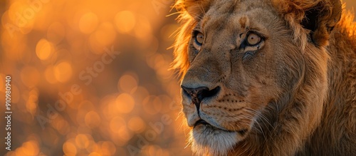 Male African Lion s face in close up with a blurred background offering copy space image photo