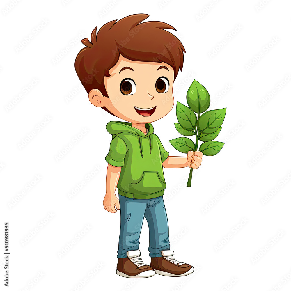 An illustration of a boy holding a green plant An illustration of a boy holding a green plant