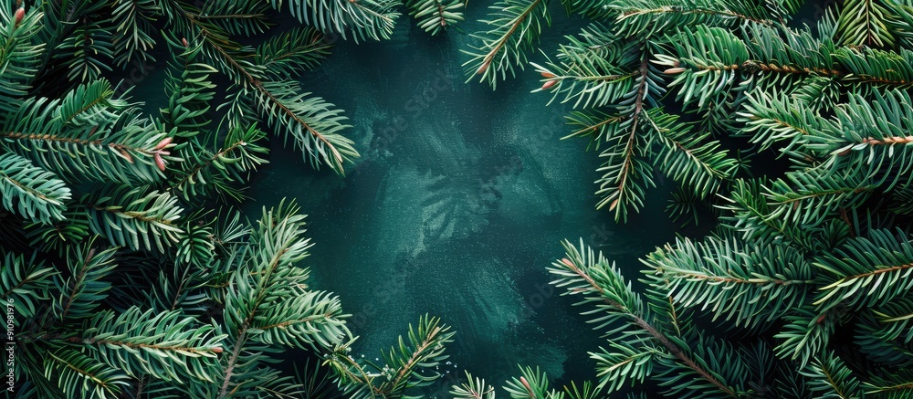 Overhead shot of vibrant backdrop using green fir branches Featuring New Year s theme with copy space image Overhead shot of vibrant backdrop using green fir branches Featuring New Year s theme with copy space image
