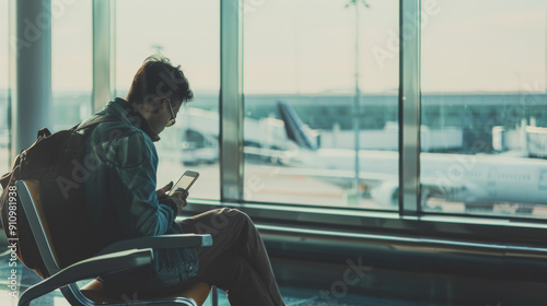 A traveler sits in an airport terminal, engaged with his phone, silhouetted by large windows that overlook the expansive runway and airplanes.