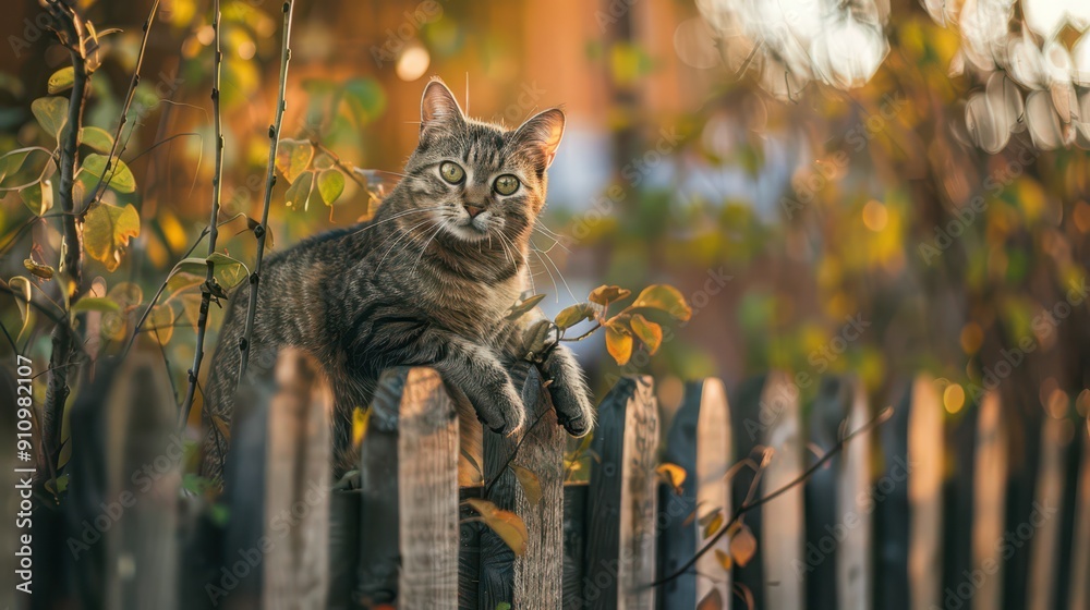 Obraz premium A tabby cat lounges gracefully on a rustic fence while golden leaves add warmth to the evening light