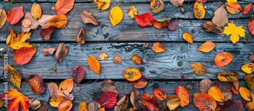 Flat lay view of a fall themed backdrop with an assortment of vibrant autumn leaves on weathered wooden planks ideal for adding text in the copy space image